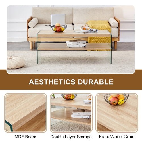 Double Layered Rectangular Coffee Table The Board Is Made Of MDF With Wooden Stickers, With Transparent Tempered Glass On Both Side.Suitable For Various Occasions Such As Living Rooms And Bedrooms