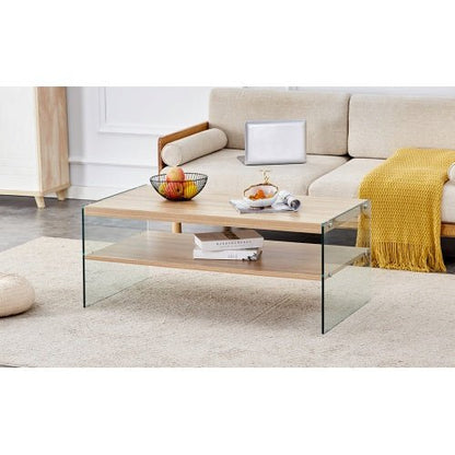 Double Layered Rectangular Coffee Table The Board Is Made Of MDF With Wooden Stickers, With Transparent Tempered Glass On Both Side.Suitable For Various Occasions Such As Living Rooms And Bedrooms