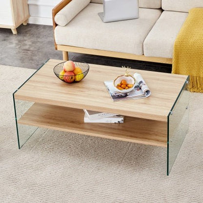 Double Layered Rectangular Coffee Table The Board Is Made Of MDF With Wooden Stickers, With Transparent Tempered Glass On Both Side.Suitable For Various Occasions Such As Living Rooms And Bedrooms