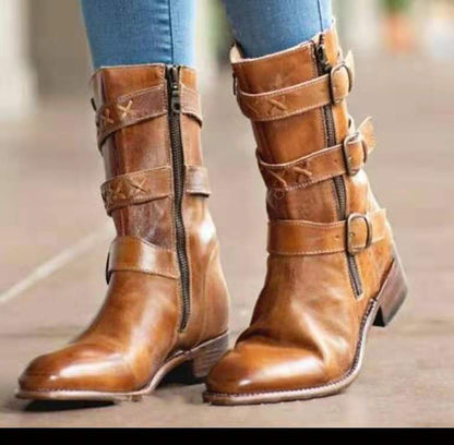 Elara Edge Buckled Motorcycle Boots - by The Nevermore – Unique Boots for Women by Nevermore Lifestyle & Tech | 34 Brown