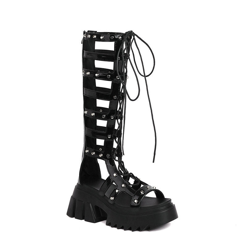 Elodie Ghastlight - Gothic Knee - High Heeled Sandals by The Nevermore – Unique Gothic Fashion for Women by Nevermore Lifestyle & Tech | 36 Black patent leather