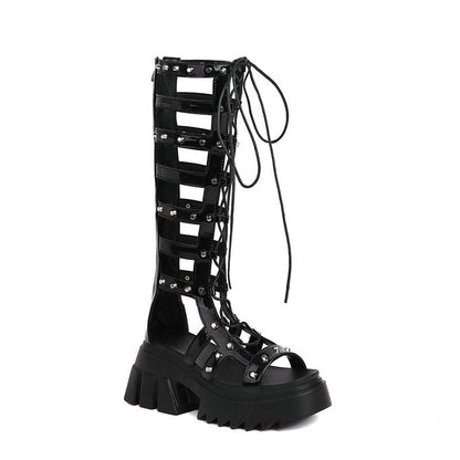 Elodie Ghastlight - Gothic Knee - High Heeled Sandals by The Nevermore – Unique Gothic Fashion for Women by Nevermore Lifestyle & Tech | 36 Black patent leather