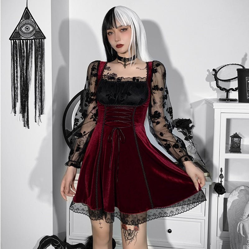 Elysande Spirit - The Nevermore Gothic Dress Lovely Velvet Long Sleeved – Unique Gothic Fashion for Women by Nevermore Lifestyle & Tech | L Red