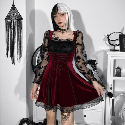 Elysande Spirit - The Nevermore Gothic Dress Lovely Velvet Long Sleeved – Unique Gothic Fashion for Women by Nevermore Lifestyle & Tech | L Red