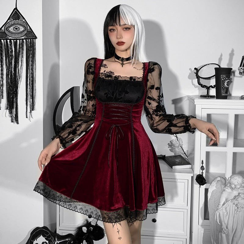Elysande Spirit - The Nevermore Gothic Dress Lovely Velvet Long Sleeved – Unique Gothic Fashion for Women by Nevermore Lifestyle & Tech | L Red