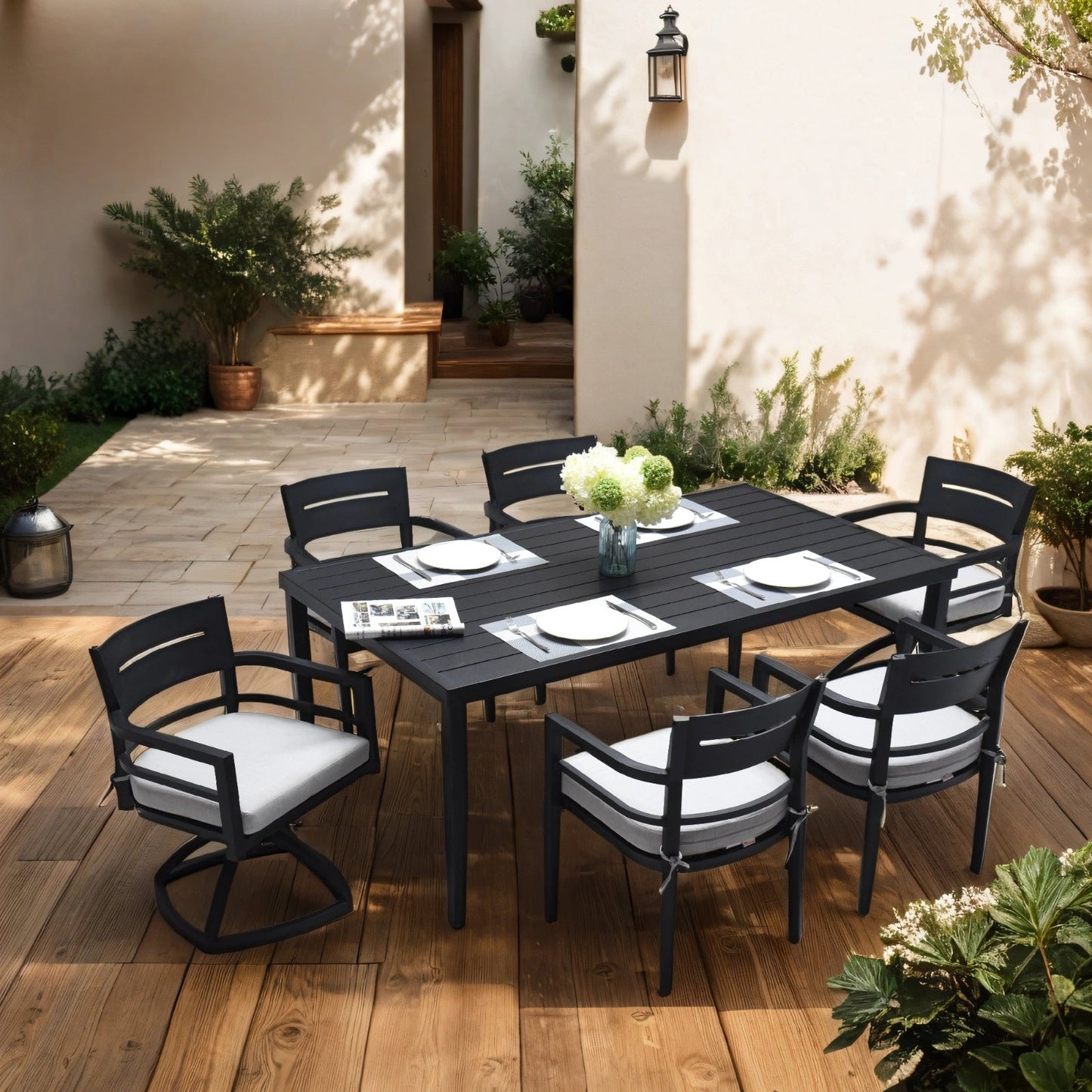 Outdoor Patio Aluminum 40x70 Rectangle Dining Table With Tapered Feet Umbrella Hole, Ember Black