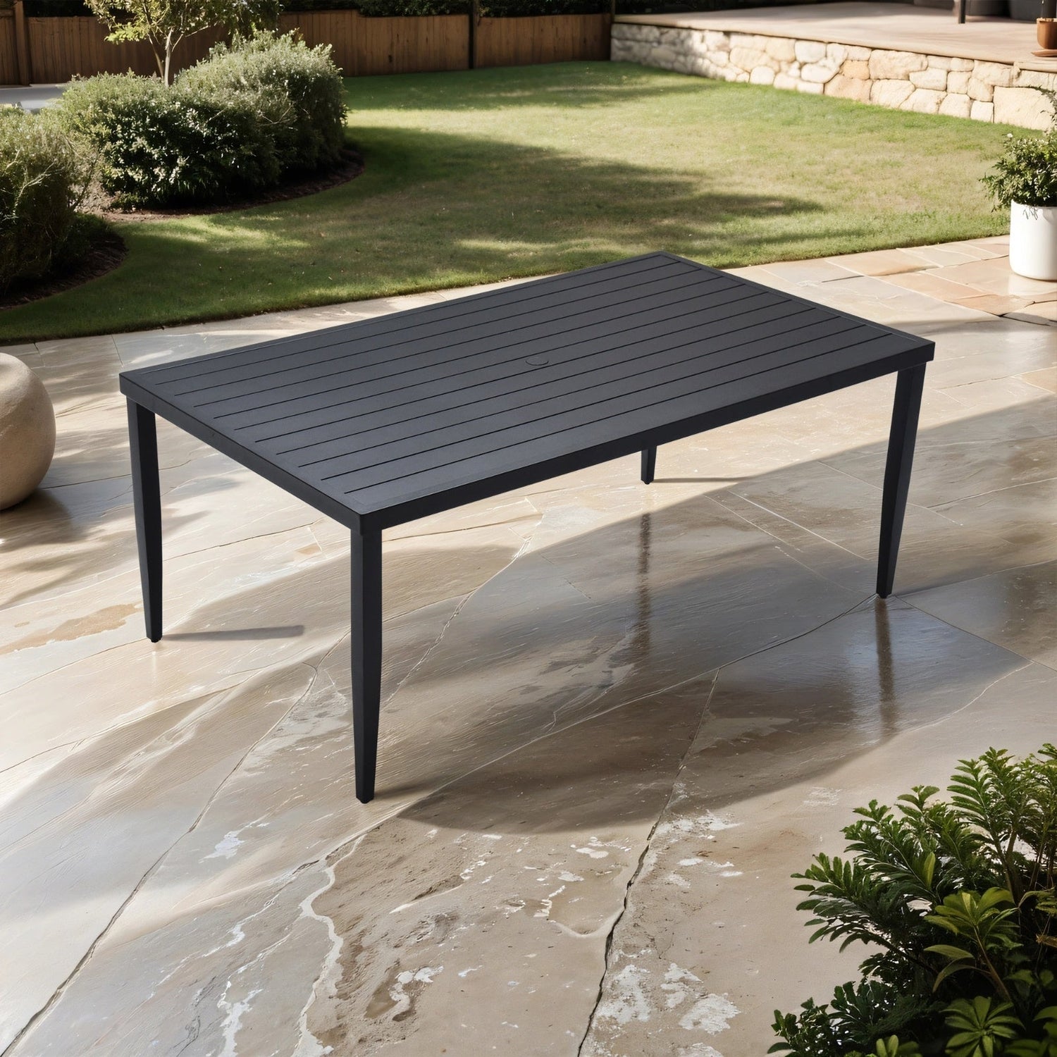 Outdoor Patio Aluminum 40x70 Rectangle Dining Table With Tapered Feet Umbrella Hole, Ember Black