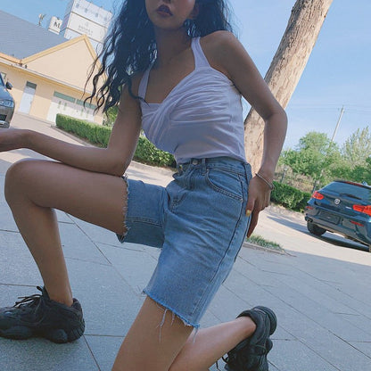 High Waist Five-point Simple Retro Slim Riding Pants