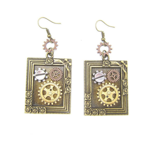 Gears in Frame - The Nevermore Steampunk Earrings – Unique Steampunk Accessories by Nevermore Lifestyle & Tech | Ancient bronze earrings