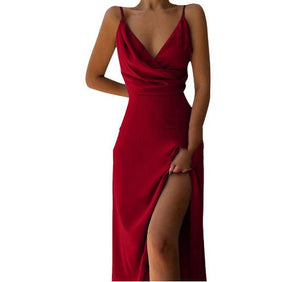 GoldenGlow - Elegant V-Neck Slit Midi Dress - by The Nevermore