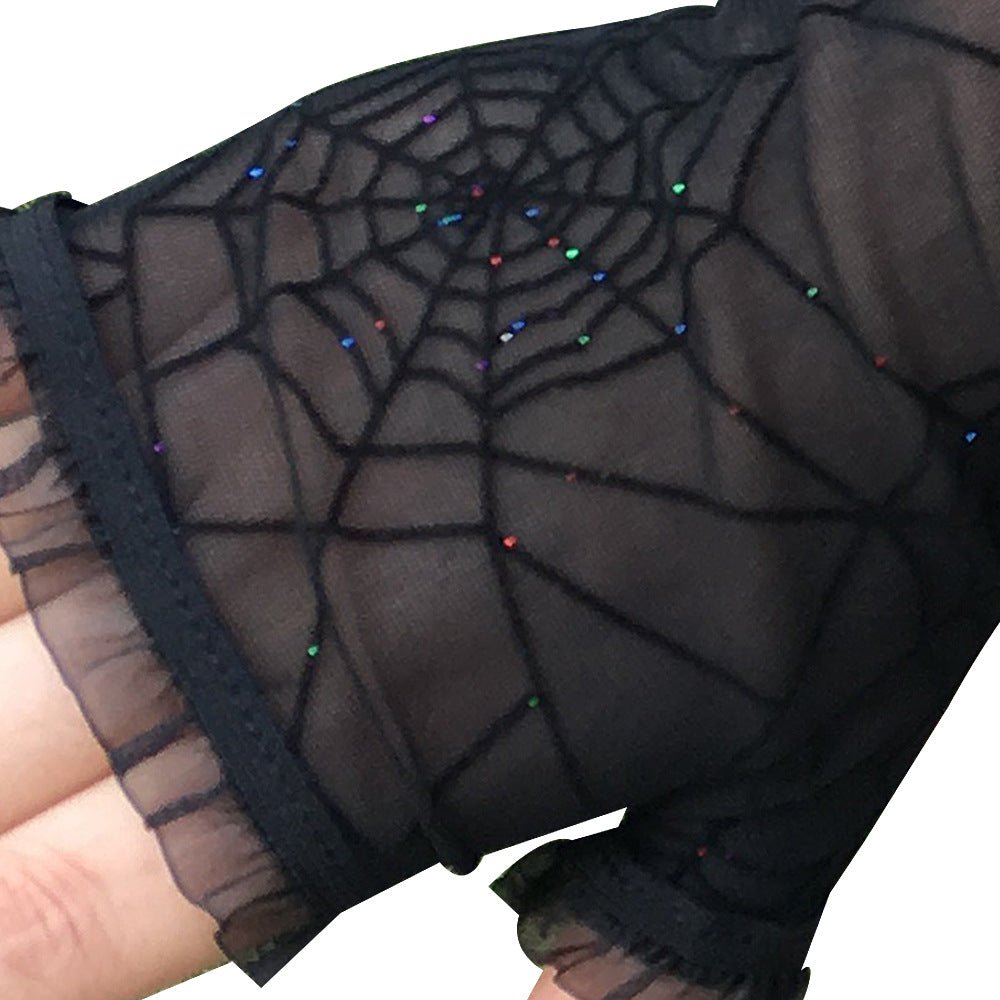 Gothic Spider Web Gloves – Half Finger by The Nevermore – Unique Gothic Accessories by Nevermore Lifestyle & Tech | Black sequins