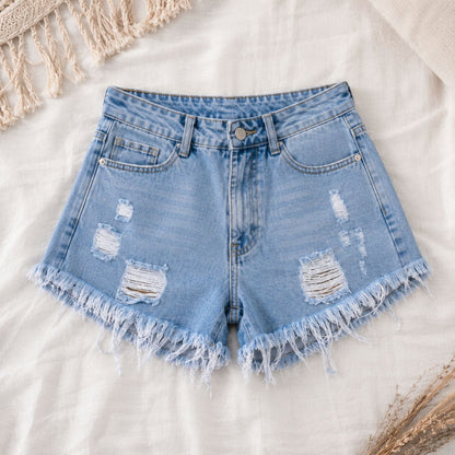 High Waist Denim Shorts - Coastal Edge by The Nevermore – Unique Shorts for Women by The Nevermore | 2XL