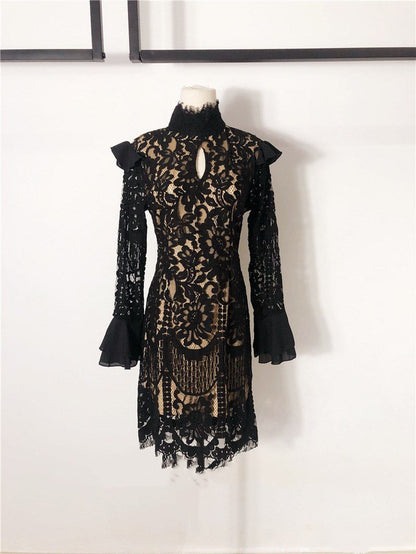 Ivory Mortis - The Nevermore Gothic Lace dress with stand - up collar and flared sleeves – Unique Gothic Fashion for Women by Nevermore Lifestyle & Tech | L Black