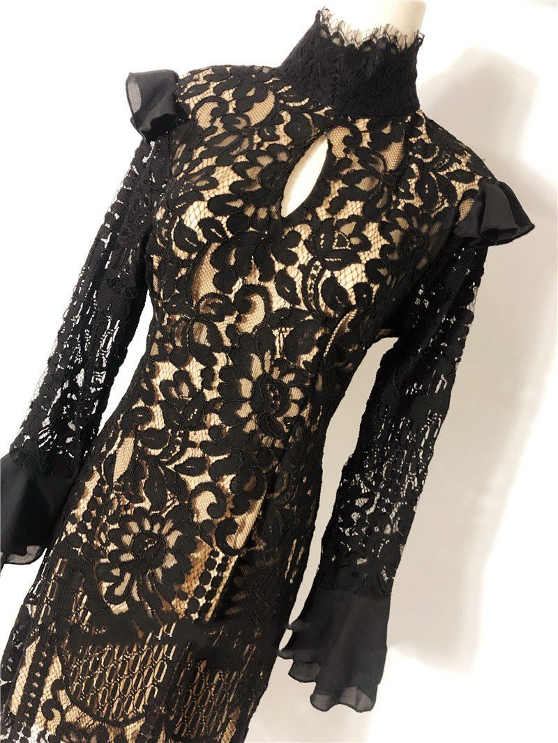 Ivory Mortis - The Nevermore Gothic Lace dress with stand - up collar and flared sleeves – Unique Gothic Fashion for Women by Nevermore Lifestyle & Tech | L Black