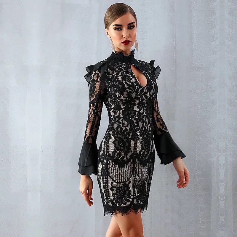 Ivory Mortis - The Nevermore Gothic Lace dress with stand - up collar and flared sleeves – Unique Gothic Fashion for Women by Nevermore Lifestyle & Tech | L Black
