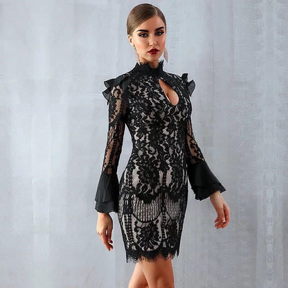 Ivory Mortis - The Nevermore Gothic Lace dress with stand - up collar and flared sleeves – Unique Gothic Fashion for Women by Nevermore Lifestyle & Tech | L Black