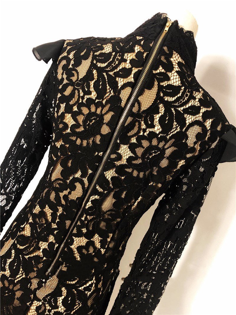 Ivory Mortis - The Nevermore Gothic Lace dress with stand - up collar and flared sleeves – Unique Gothic Fashion for Women by Nevermore Lifestyle & Tech | L Black