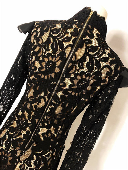 Ivory Mortis - The Nevermore Gothic Lace dress with stand - up collar and flared sleeves – Unique Gothic Fashion for Women by Nevermore Lifestyle & Tech | L Black