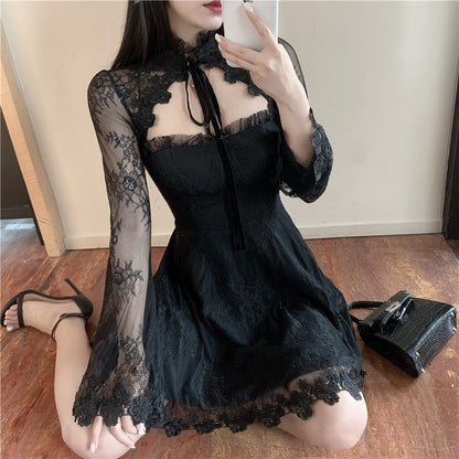 Jett Malice - The Nevermore Gothic See - through Long - sleeved Dress Mesh Lace – Unique Gothic Fashion for Women by Nevermore Lifestyle & Tech | L Black