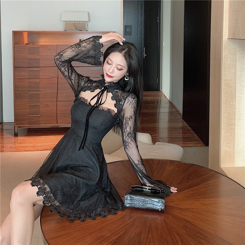 Jett Malice - The Nevermore Gothic See - through Long - sleeved Dress Mesh Lace – Unique Gothic Fashion for Women by Nevermore Lifestyle & Tech | L Black