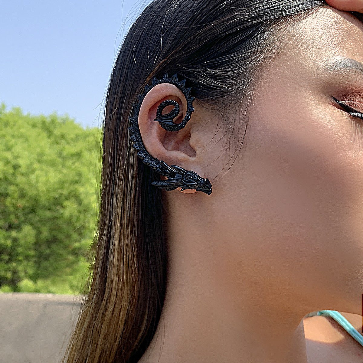 Julius Shimmerwhip Dragon - The Nevermore Gothic Ear - wrap Ear - cuff – Unique Gothic Jewelry by Nevermore Lifestyle & Tech | Ancient silver right ear