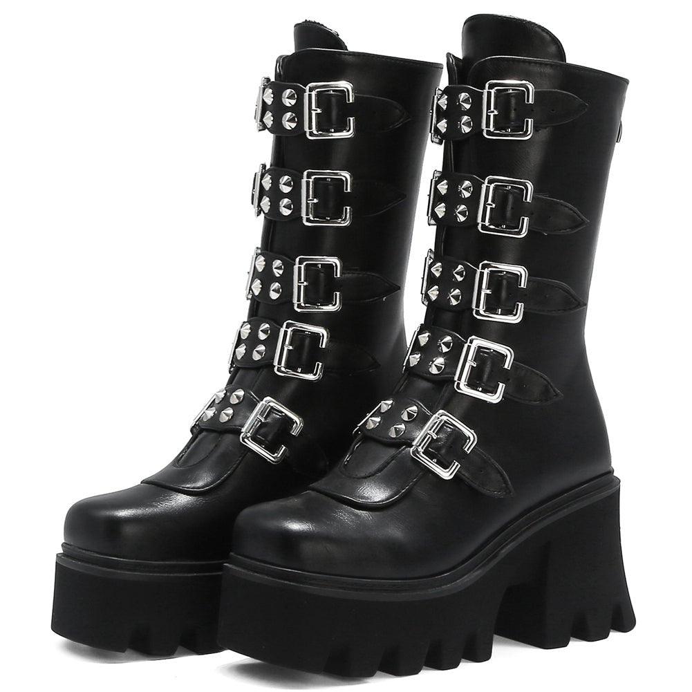 Katarina Requiem - Gothic Mid - Tube Motorcycle Boots by The Nevermore – Unique Gothic Fashion for Women by Nevermore Lifestyle & Tech | 35 Black