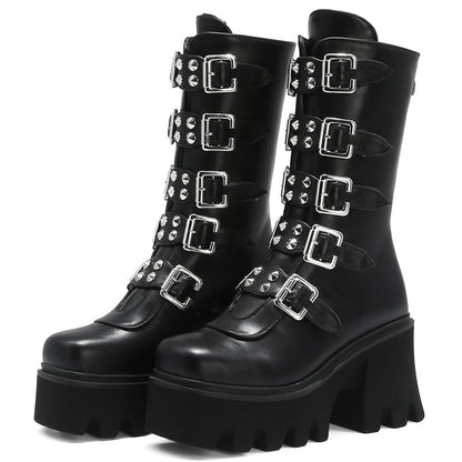 Katarina Requiem - Gothic Mid - Tube Motorcycle Boots by The Nevermore – Unique Gothic Fashion for Women by Nevermore Lifestyle & Tech | 35 Black