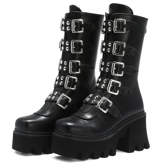 Katarina Requiem - Gothic Mid - Tube Motorcycle Boots by The Nevermore – Unique Gothic Fashion for Women by Nevermore Lifestyle & Tech | 35 Black