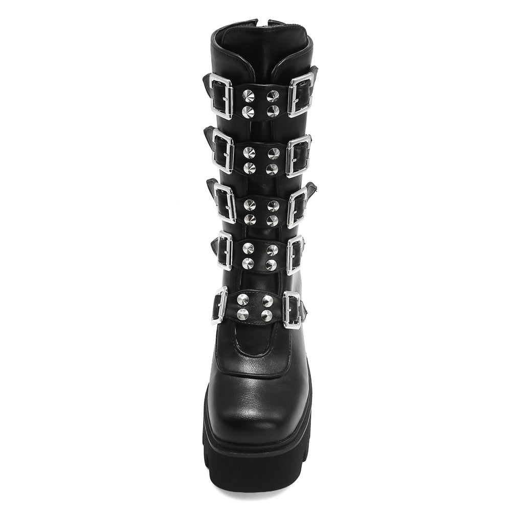 Katarina Requiem - Gothic Mid - Tube Motorcycle Boots by The Nevermore – Unique Gothic Fashion for Women by Nevermore Lifestyle & Tech | 35 Black