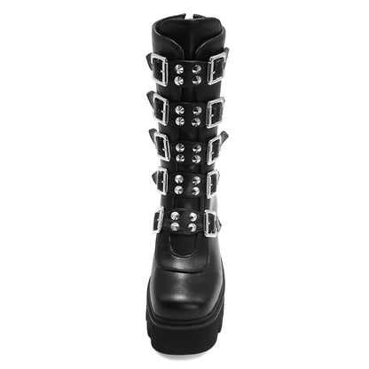 Katarina Requiem - Gothic Mid - Tube Motorcycle Boots by The Nevermore – Unique Gothic Fashion for Women by Nevermore Lifestyle & Tech | 35 Black