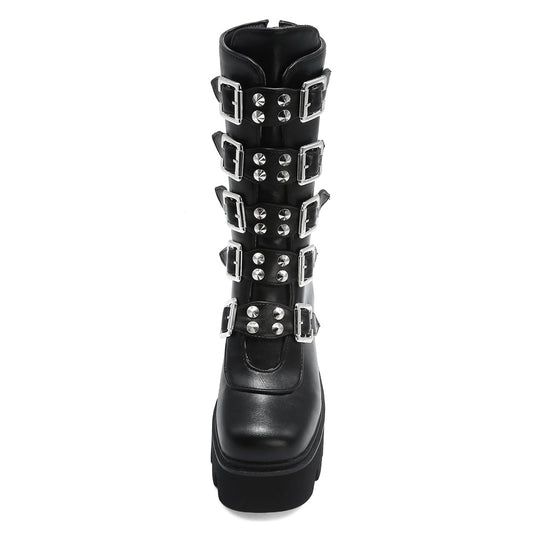 Katarina Requiem - Gothic Mid - Tube Motorcycle Boots by The Nevermore – Unique Gothic Fashion for Women by Nevermore Lifestyle & Tech | 35 Black