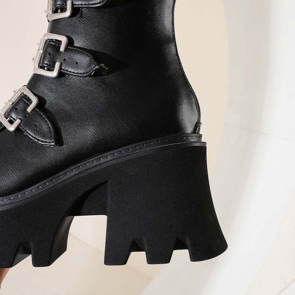 Katarina Requiem - Gothic Mid - Tube Motorcycle Boots by The Nevermore – Unique Gothic Fashion for Women by Nevermore Lifestyle & Tech | 35 Black