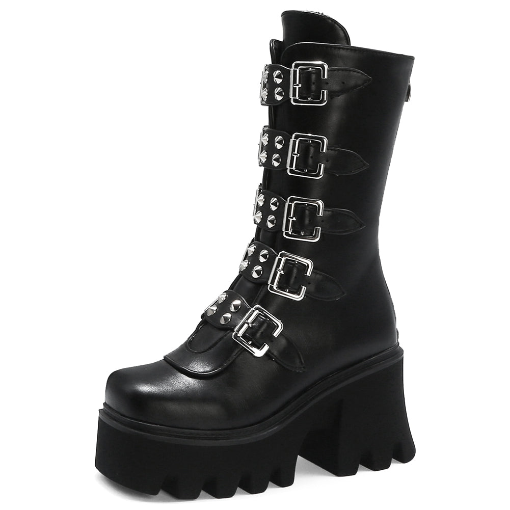 Katarina Requiem - Gothic Mid - Tube Motorcycle Boots by The Nevermore – Unique Gothic Fashion for Women by Nevermore Lifestyle & Tech | 35 Black