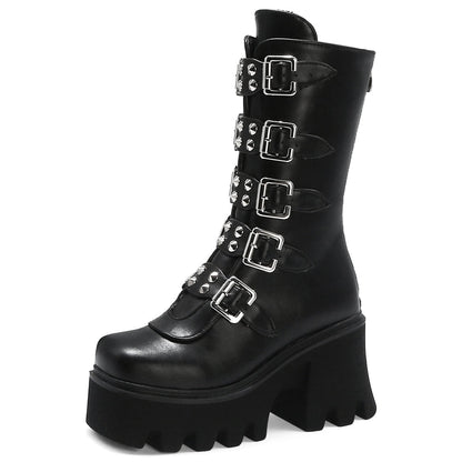 Katarina Requiem - Gothic Mid - Tube Motorcycle Boots by The Nevermore – Unique Gothic Fashion for Women by Nevermore Lifestyle & Tech | 35 Black