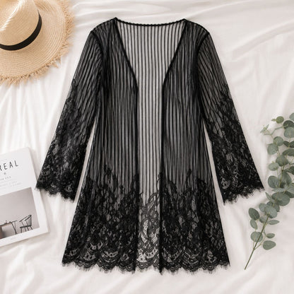 Lace Beach Kimono - Midnight Bloom by The Nevermore – Unique Swimmwear by The Nevermore | 3XL Black
