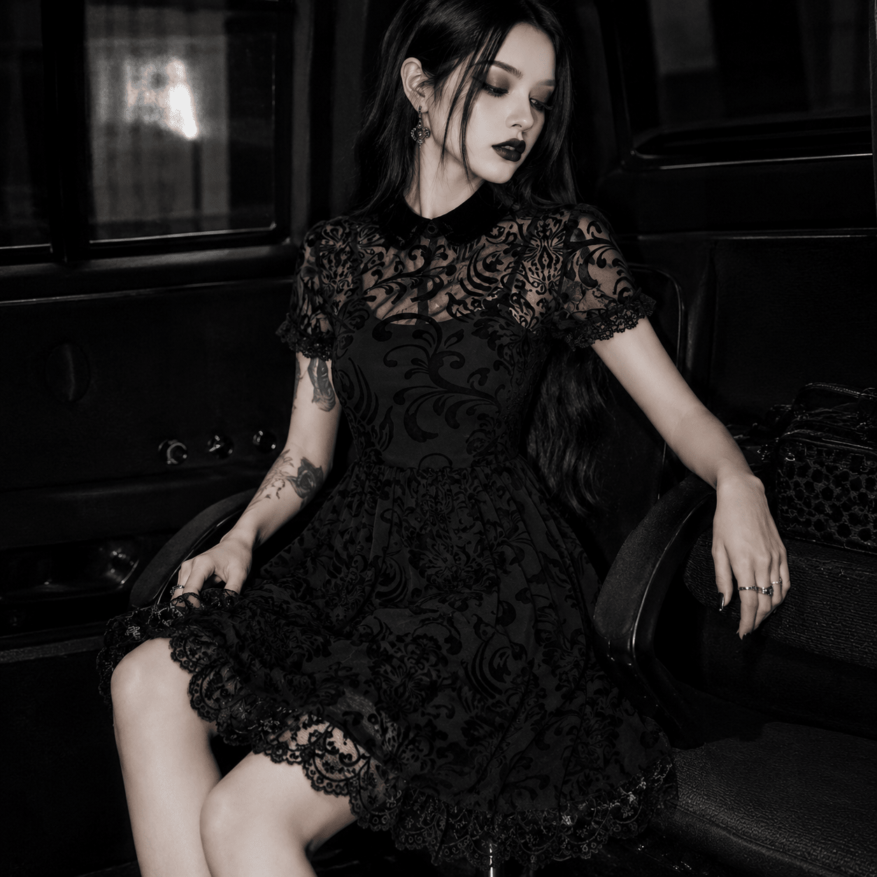 Gothic Elegance Lace Midi Dress - Obsidian Veil