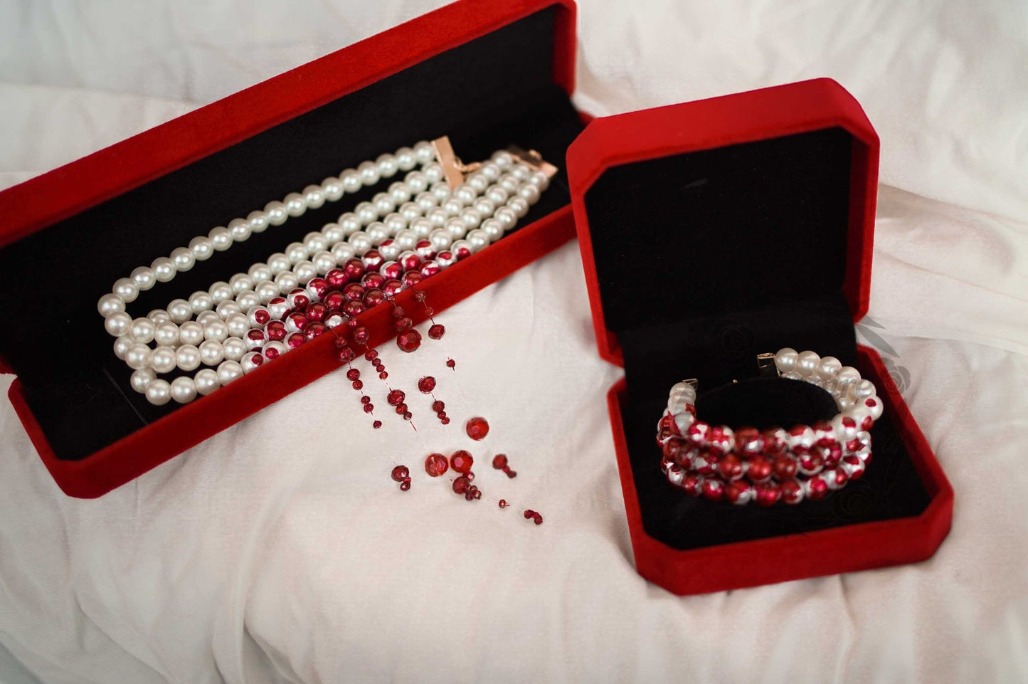 Lavinia Crypt Bite Mark Blood Pearls - The Nevermore Gothic Bracelet for Women – Unique Jewelry by Nevermore Lifestyle & Tech | Glass pearl bracelet