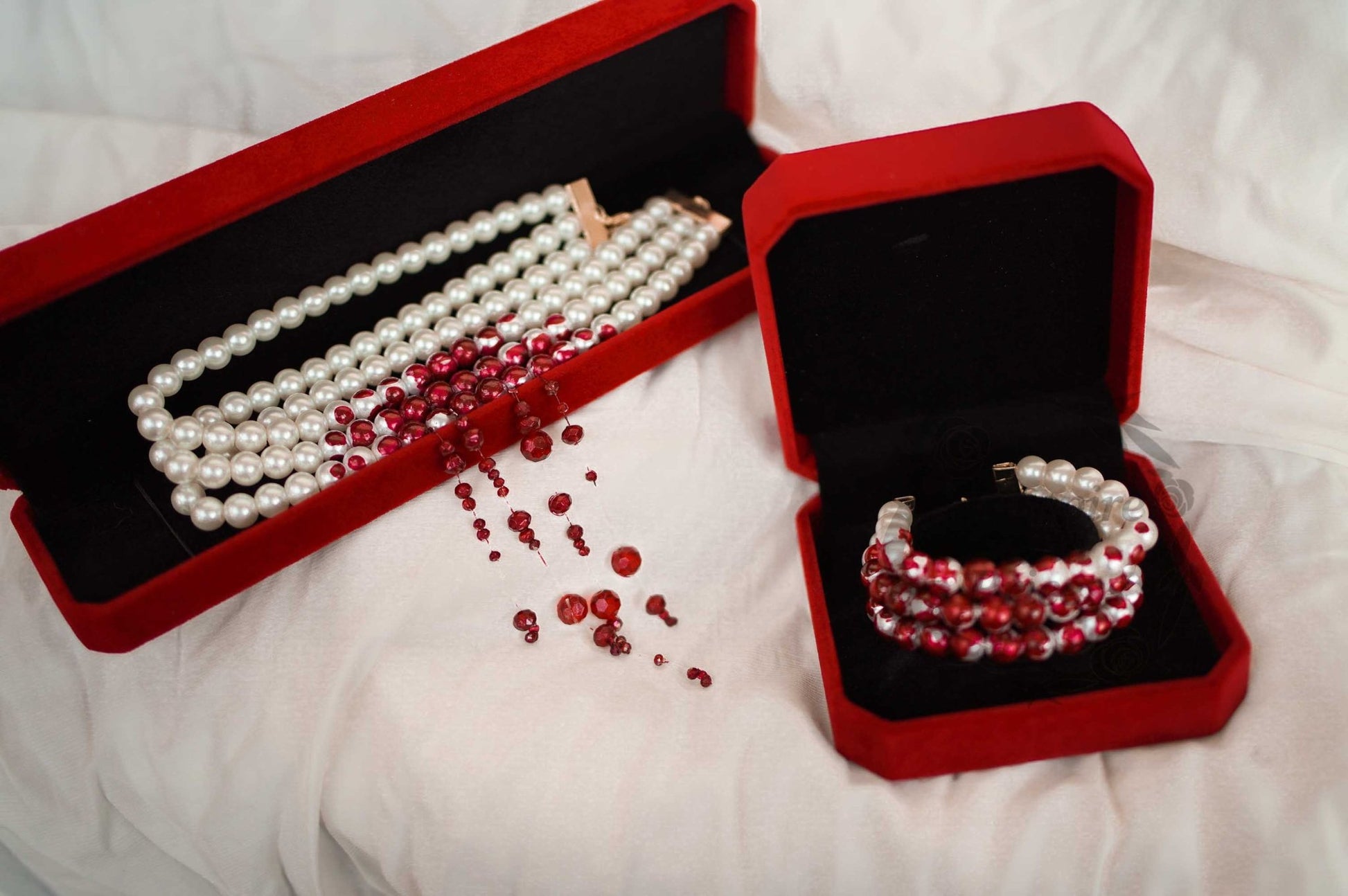 Lavinia Crypt Bite Mark Blood Pearls - The Nevermore Gothic Bracelet for Women – Unique Jewelry by Nevermore Lifestyle & Tech | Glass pearl bracelet