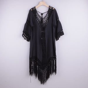 Midnight Tide tassel beach cover-up – black