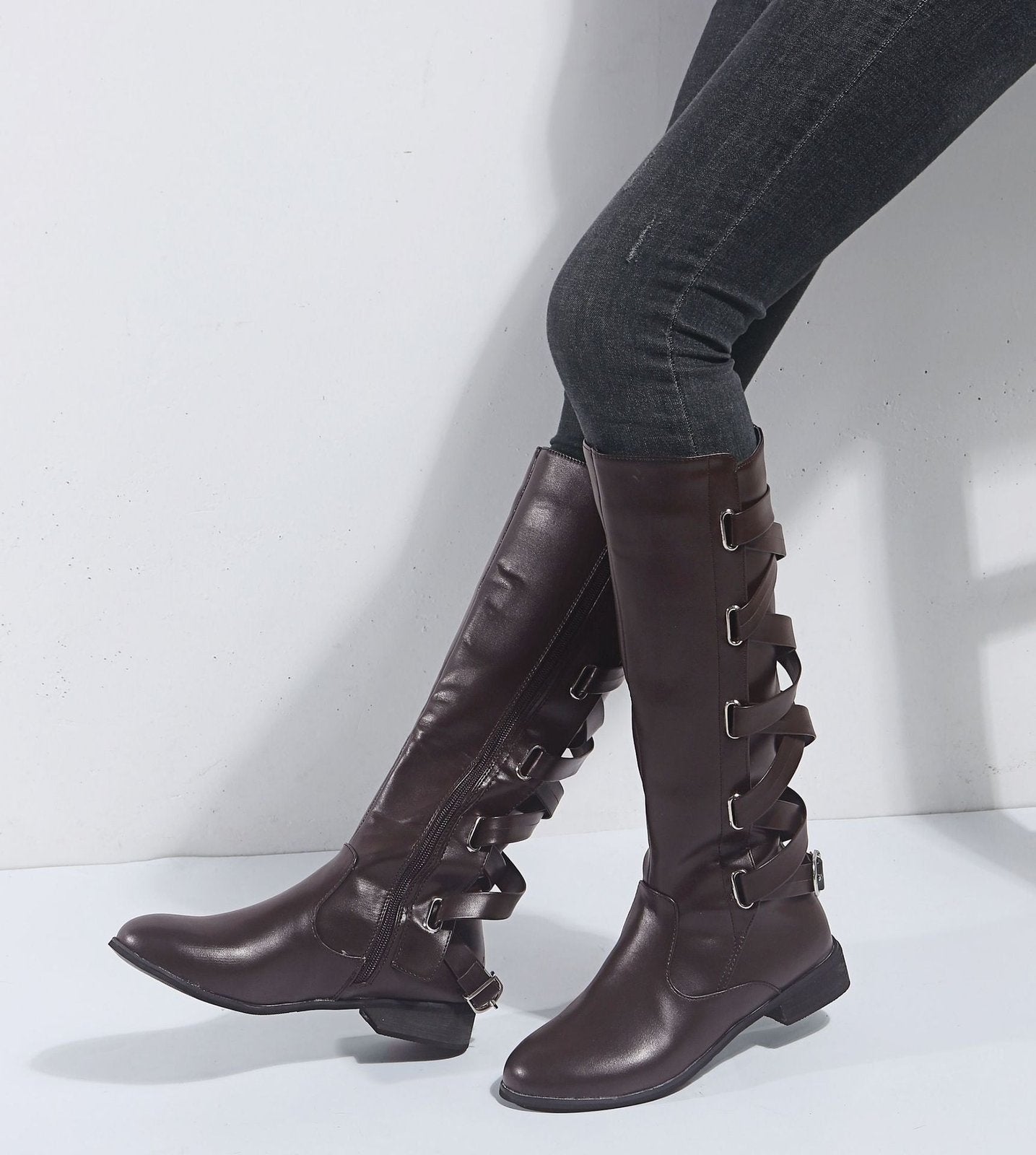 Luna Back Strapped Long Boots - Sleek Elegance by The Nevermore – Unique Boots for Women by Nevermore Lifestyle & Tech | 35 Brown