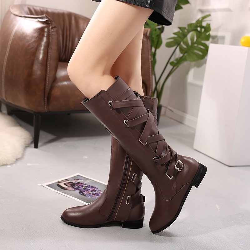 Luna Back Strapped Long Boots - Sleek Elegance by The Nevermore – Unique Boots for Women by Nevermore Lifestyle & Tech | 35 Dark brown