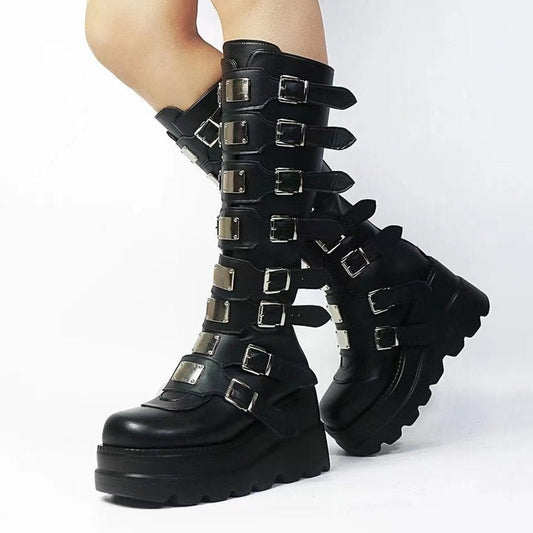 Luna Spectra - Gothic Platform Buckle Boots by The Nevermore – Unique Gothic Fashion for Women by Nevermore Lifestyle & Tech | 35 Black