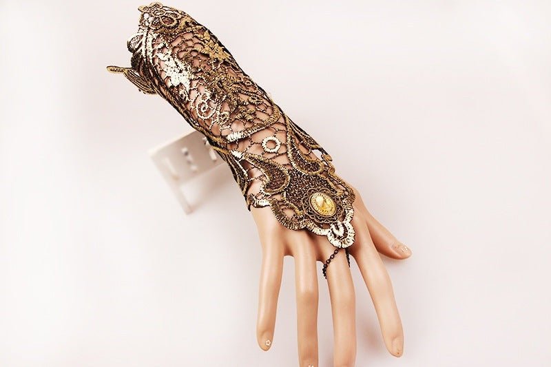 Monnie Loy – Steampunk Vintage Gold Lace Gloves by The Nevermore – Unique Steampunk Fashion for Women by Nevermore Lifestyle & Tech | Gold
