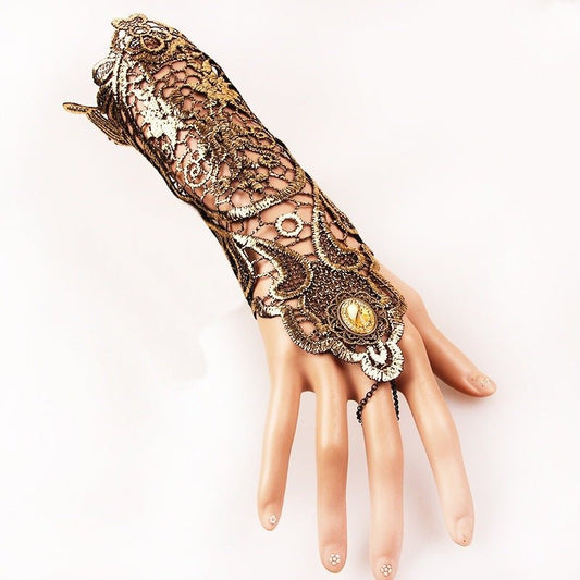 Monnie Loy – Steampunk Vintage Gold Lace Gloves by The Nevermore – Unique Steampunk Fashion for Women by Nevermore Lifestyle & Tech | Gold