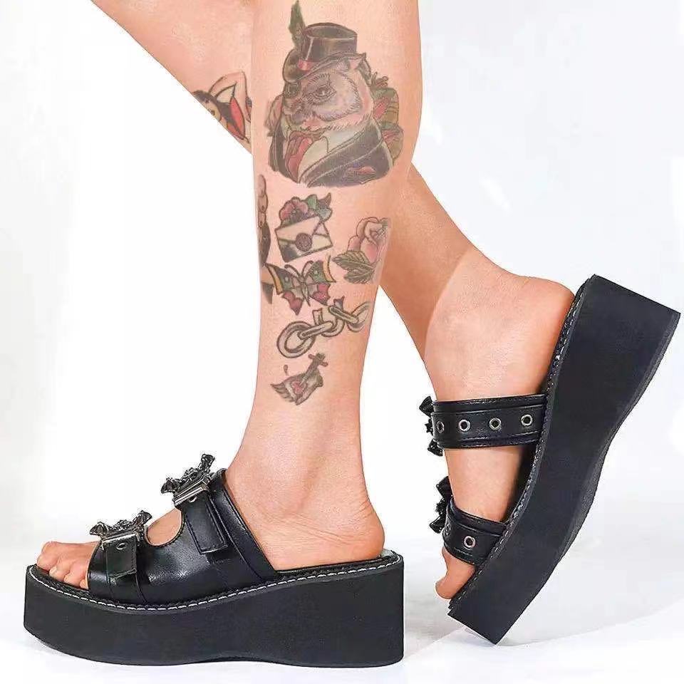 Mystique Decay - Gothic Cake Bottom Sandals by The Nevermore – Unique Gothic Fasfion for Women by Nevermore Lifestyle & Tech | 35 Black B