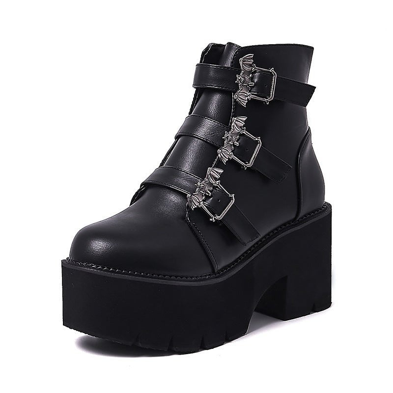 Nefarious - Gothic Platform Bat Buckle Boots by The Nevermore – Unique Gothic Fasfion for Women by Nevermore Lifestyle & Tech | 35 Black