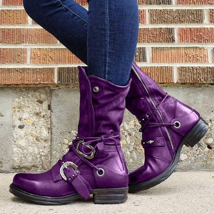 Ophelia Evernight - Belt Buckle Long Gothic Boots by The Nevermore – Unique Boots for Women by Nevermore Lifestyle & Tech | 36 Purple