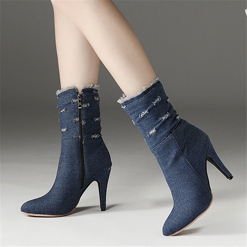 Pamela Denim High Boots - Trendy Style by The Nevermore – Unique Boots by Nevermore Lifestyle & Tech | 28 Navy Blue