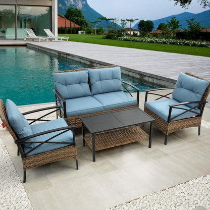 PatioLounge - 4Pc Blue Rattan Sofa Set by The Nevermore