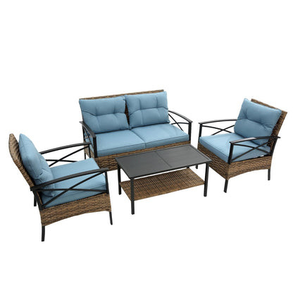 PatioLounge - 4Pc Blue Rattan Sofa Set by The Nevermore